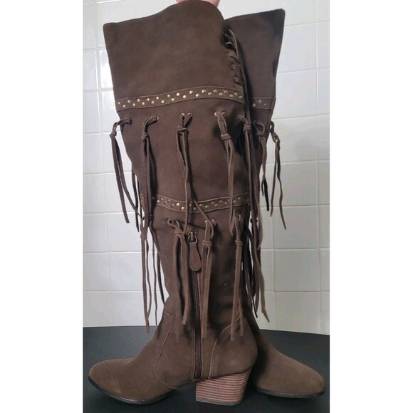 Anthropologie Mojo Moxy “Frilled” Brown Fringe Knee-High Boots 8.5 Boho Western - Picture 8 of 14